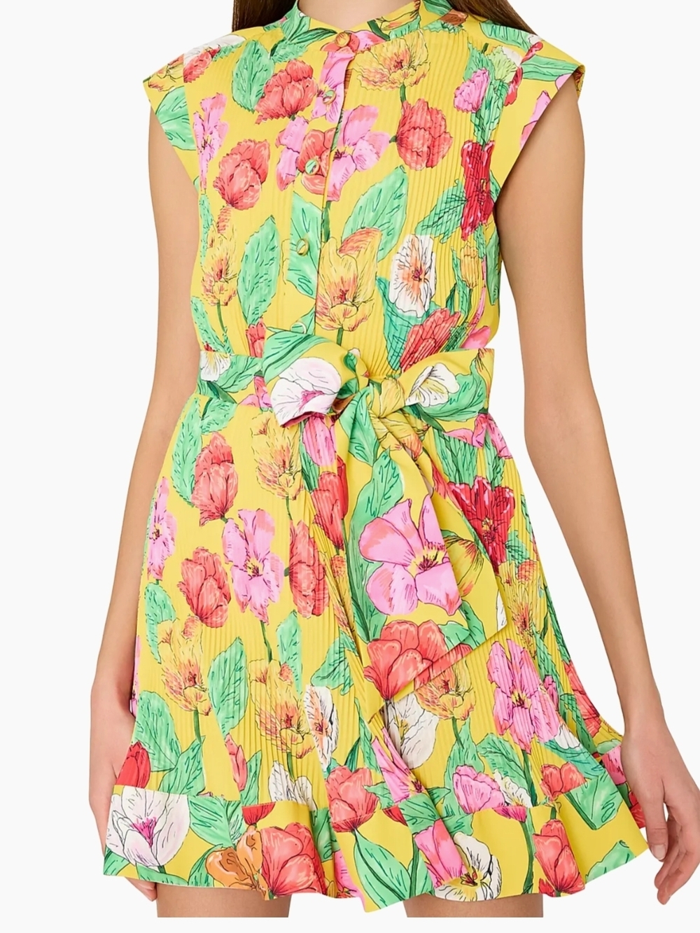 Bright Yellow Floral Tie-Waist Dress